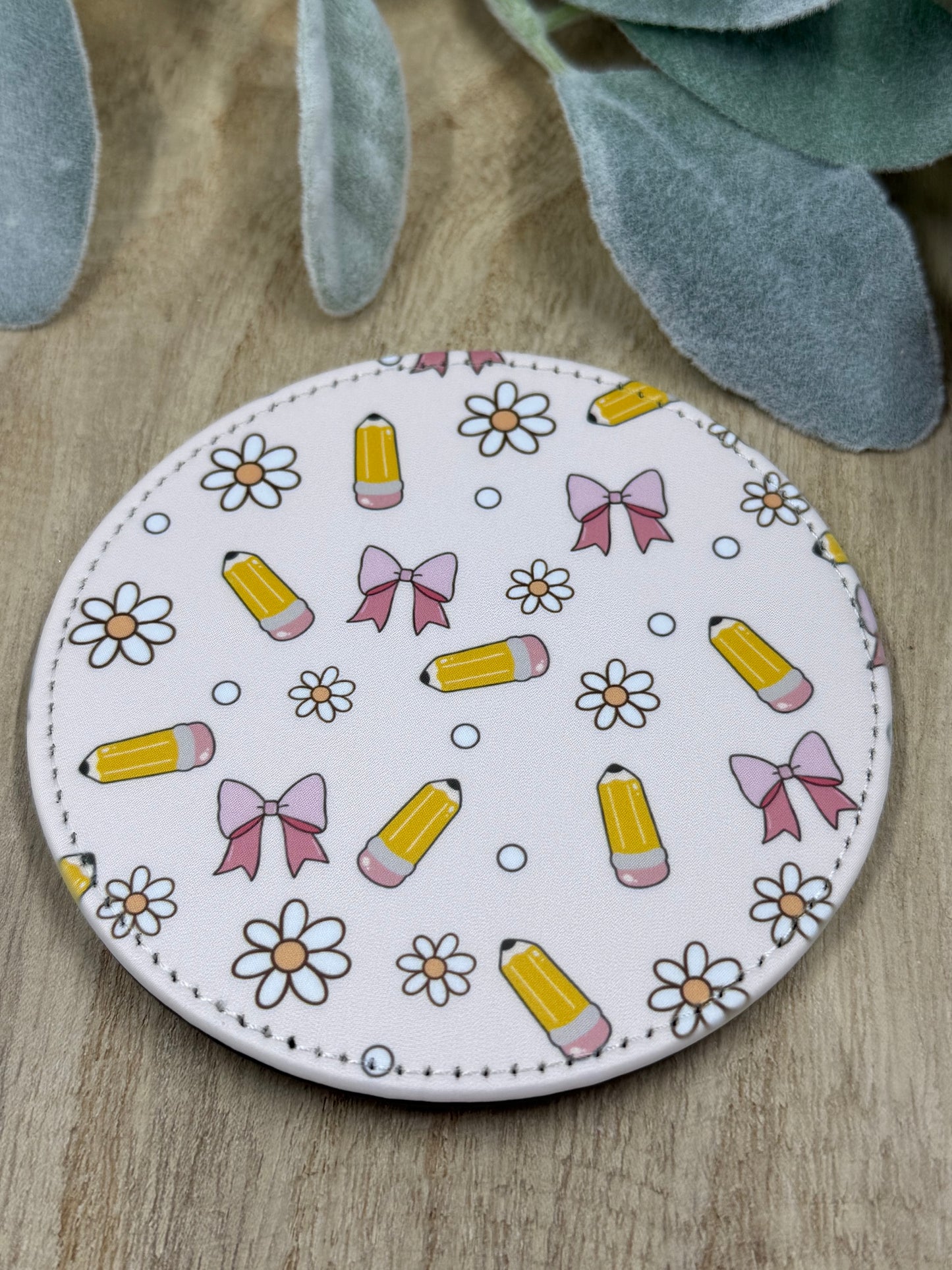 Light Pink Flowers, Pencil And Bow Coaster